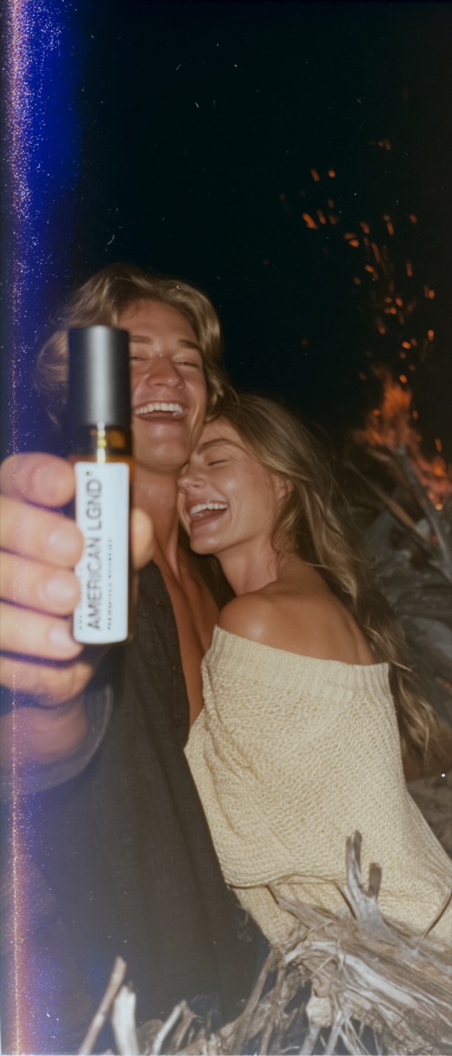 Couple laughing by a campfire, bottle held to camera