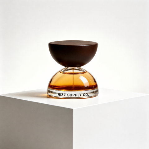 American LGND bottle on a studio pedestal, amber oil under the brown dome cap